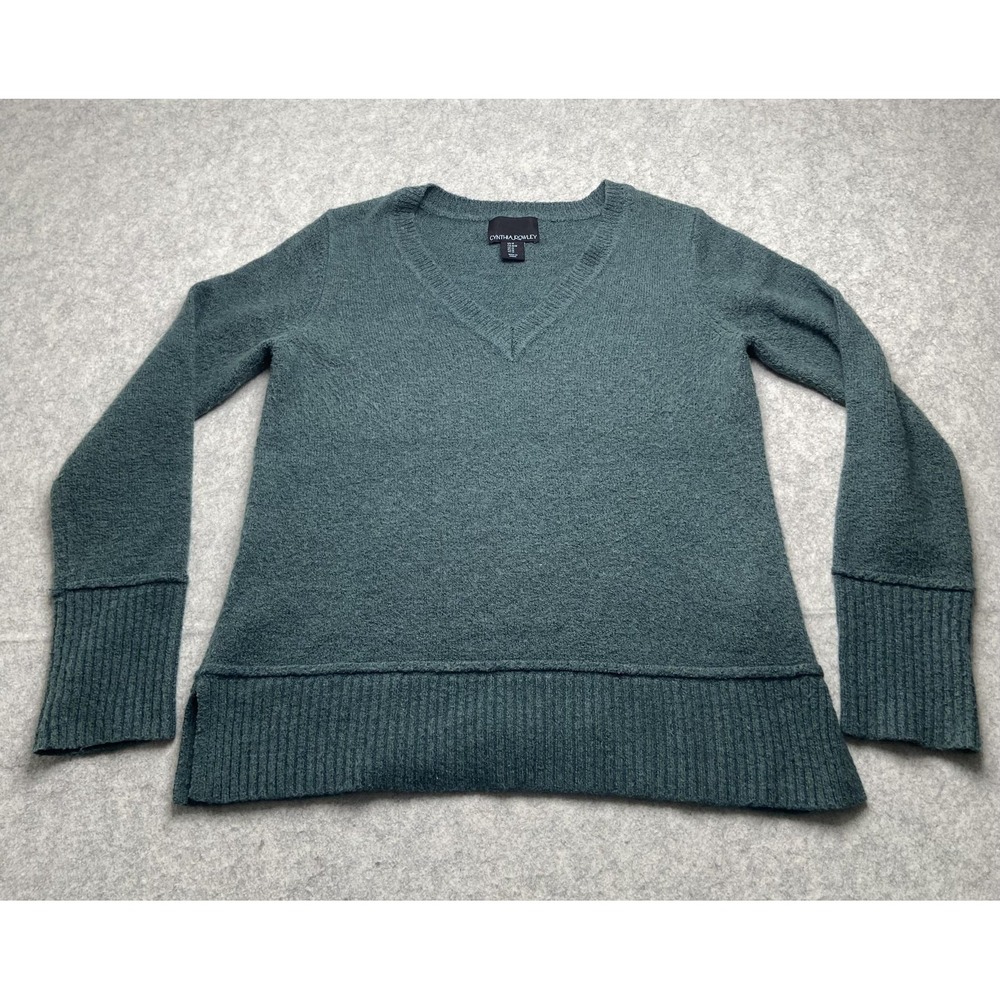 Cynthia Rowley Sweater Womens Medium Green V Neck Ribbed Knit Pullover Soft